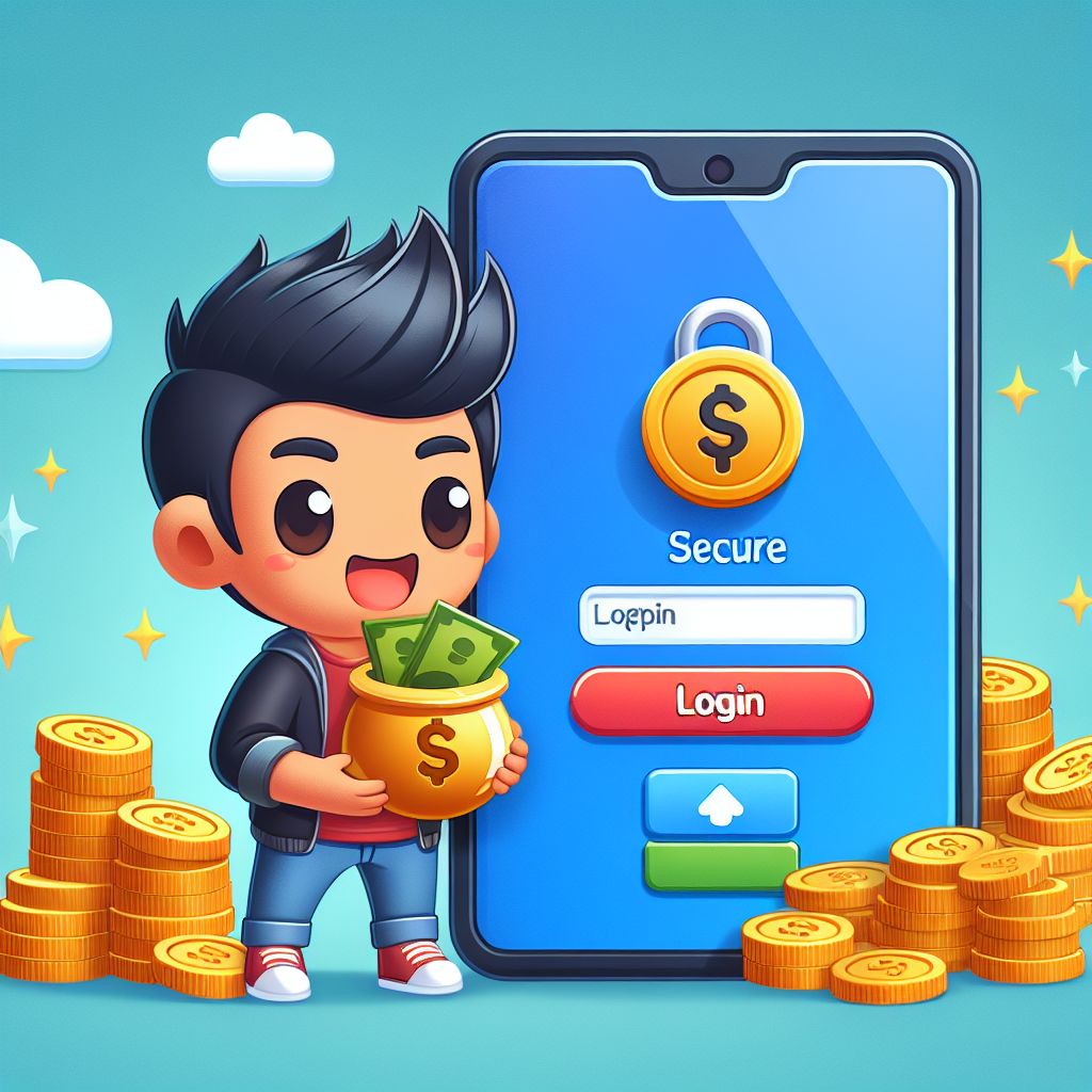 CK4444 থিমযুক্ত কার্টুন চরিত্র ফোন ব্যবহার করে লগইন করছে, কয়েন এবং অ্যাপ আইকন সহ