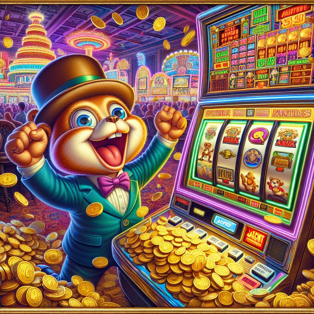 CK4444 slot-themed cartoon character with coins, reels, and a winning casino atmosphere